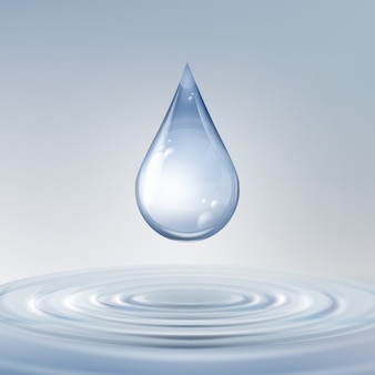 Vector clean shiny blue drop with circles on water close up front view