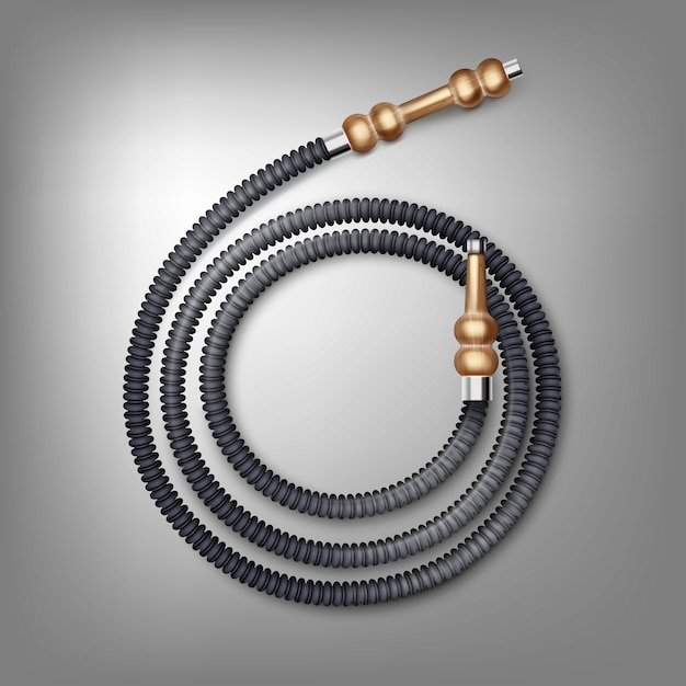 Vector coiled hookah hose with brown wooden mouthpieces top view isolated on dark background