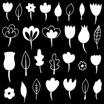 낙서 꽃과 잎의 벡터 컬렉션입니다. 디지털 종이, 스티커, 착색을 만들기 위해. 표면, 섬유, 포장, 배경 디자인용. 주제 성격