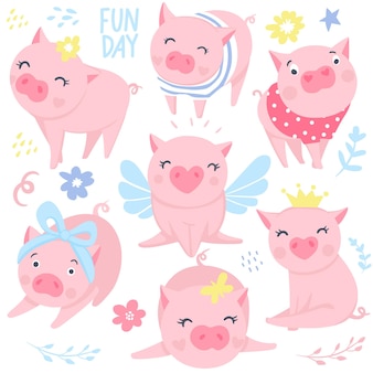 Векторная коллекция забавных свиней. элементы для новогоднего дизайна. символ 2019 года по китайскому календарю. розовая свинья иллюстрация, изолированные на белом. мультяшные животные.