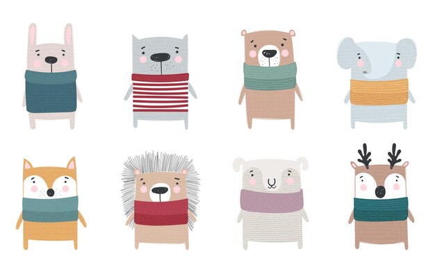 居心地の良い服でかわいい冬の動物を描く線のベクトルコレクション落書きイラスト プレミアムベクター