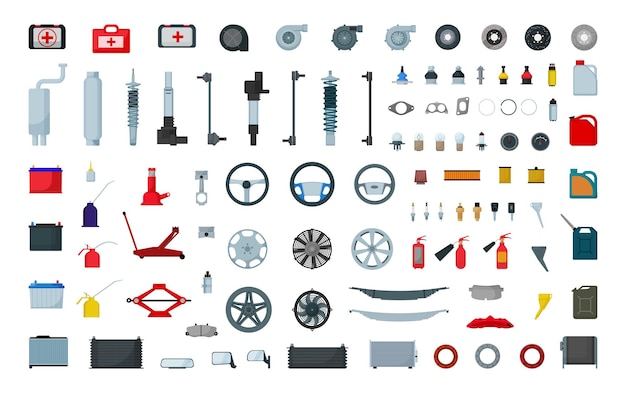 Vector collection of spare parts. car service tools.