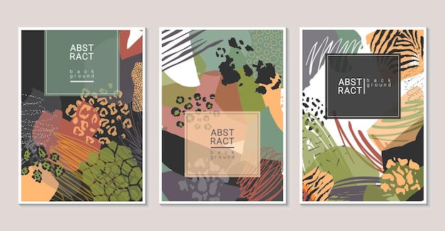 Vector collection of trendy creative collage cards with cut paper animal skin zebra leopard