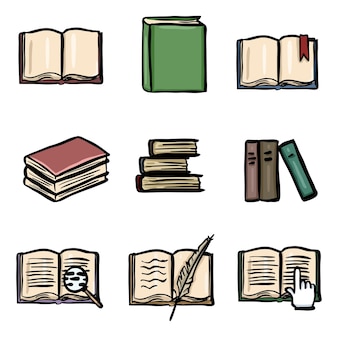 Vector color doodle book icon set. open book, closed book, bookmark, pile of books, e-books. library icons.