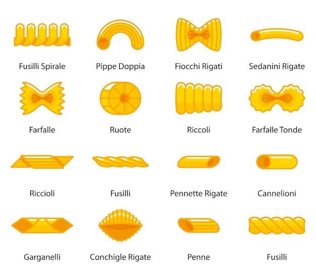 벡터 컬러 파스타 컬렉션입니다. 마카로니 스파이럴, 피페 도피 아, 피오 키와 스파게티, 이탈리아 요리