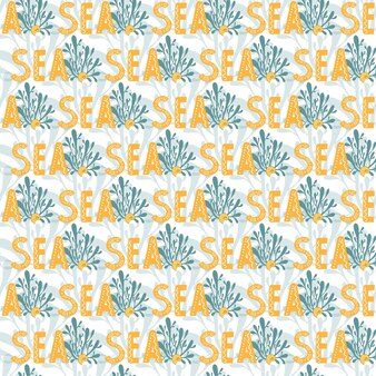 Vector colored seamless repeating simple flat pattern with word sea seaweed and sea shell