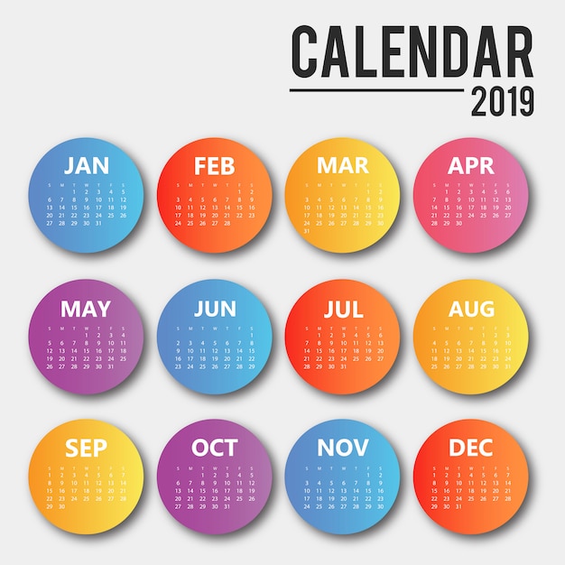 Vettore gratuito disegno del calendario colorato vettoriale 2019