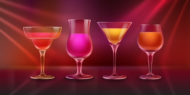 Free vector vector colorful pink, orange, yellow, red alcoholic cocktails on bar counter with bright illuminated background