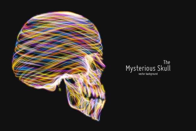 Vector colorful Skull constructed with bright glowing lines Conceptual human head illustration Abstract swirl neon lines form bone structure Creative skull