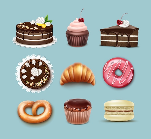 Free vector vector confectionery set chocolate puff cake, french croissant, pretzel, cupcake with whipped cream and cherry, muffin, macaron top, side view isolated on blue background