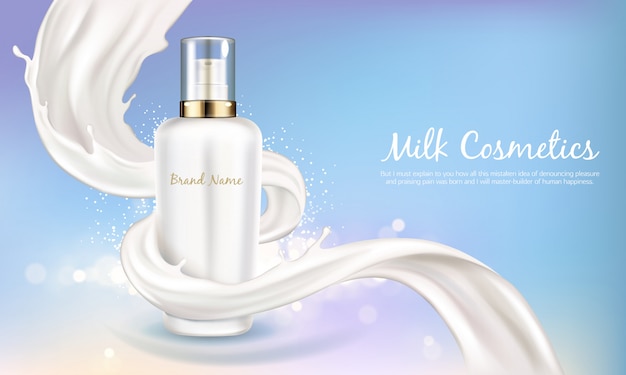 Vector cosmetic banner with 3d realistic white bottle for skin care cream or body lotion. Beauty product, natural or organic cosmetics with creamy or milk swirl on blue shining background