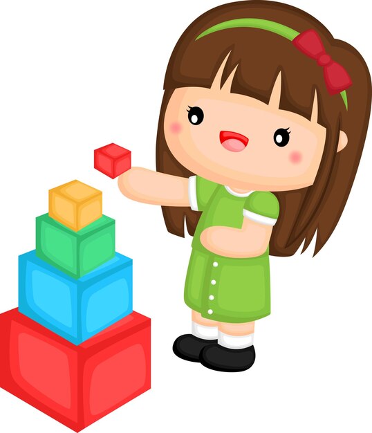 A Vector Of A Cute Girl Stacking Colourful Blocks