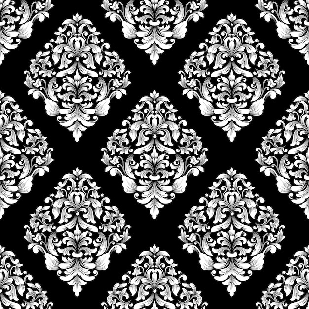ダマスク織のシームレスなパターンのベクトルの背景。古典的な豪華な昔ながらのダマスク織の飾り、壁紙、テキスタイル、ラッピングのロイヤルビクトリア朝のシームレスなテクスチャ。絶妙な花のバロックテンプレート。