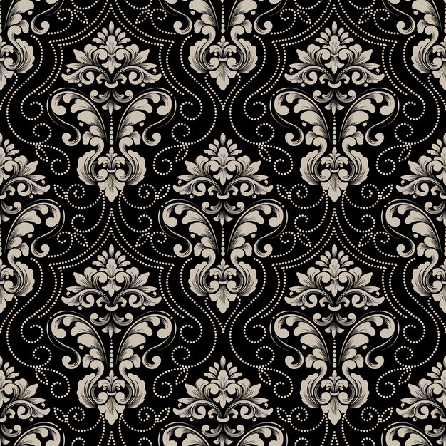 ダマスク織のシームレスなパターンのベクトルの背景。古典的な豪華な昔ながらのダマスク織の飾り、壁紙、テキスタイル、ラッピングのロイヤルビクトリア朝のシームレスなテクスチャ。