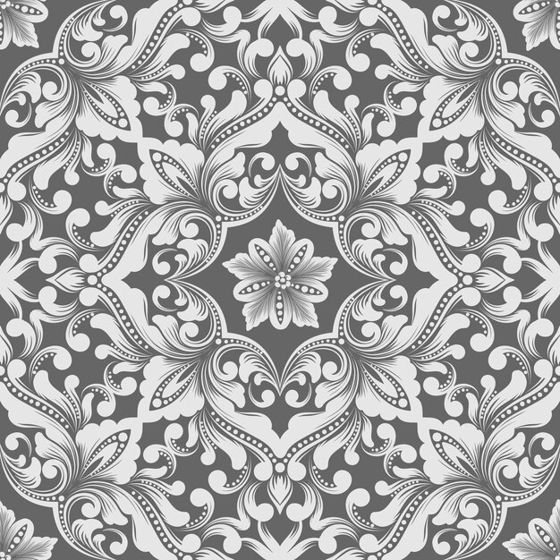 ベクトルダマスクシームレスパターン要素。古典的な豪華な昔ながらのダマスク織の飾り、壁紙、テキスタイル、ラッピングのロイヤルビクトリア朝のシームレスなテクスチャ。絶妙な花のバロックテンプレート。