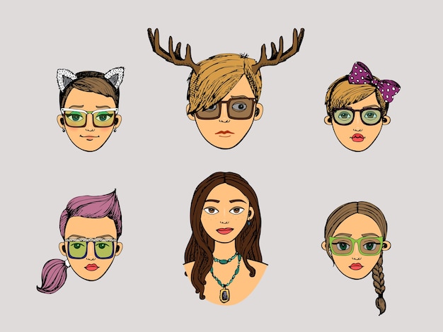 Free vector vector deer girls heads in hipster style set