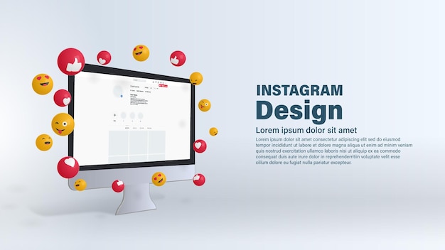 Vector design of editable instagram account on computer screen surrounded by imojis