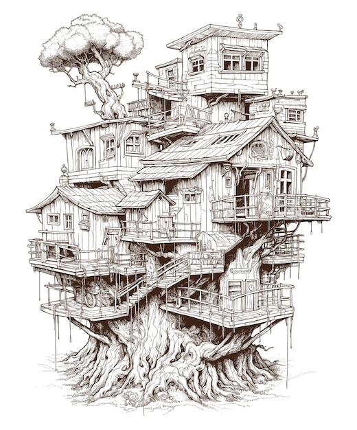 Free vector vector detailed outline treehouse architecture illustration