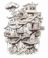 Free vector vector detailed outline treehouse architecture illustration