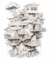 Бесплатное векторное изображение Детальная векторная очертание архитектуры деревянного дома иллюстрация