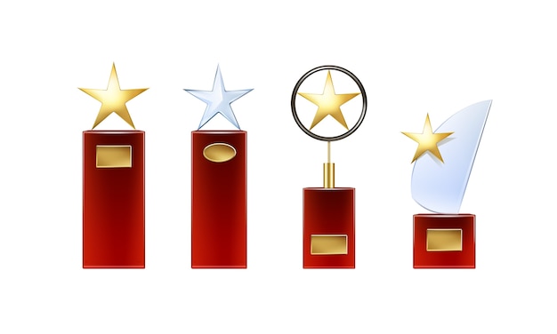 Vector different golden, glass star trophies with big red base and golden signboards for copyspace front view isolated on white background