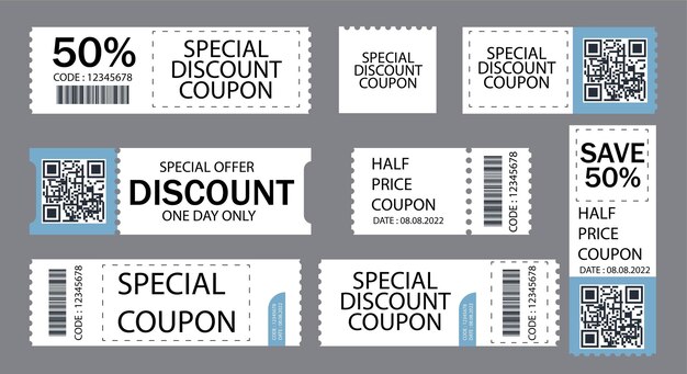 Vector discount coupon half price offer promo code gift voucher and coupons template