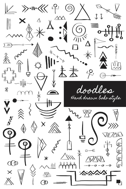 Vettore gratuito insieme di elementi in stile boho disegnato a mano di doodle di vettore