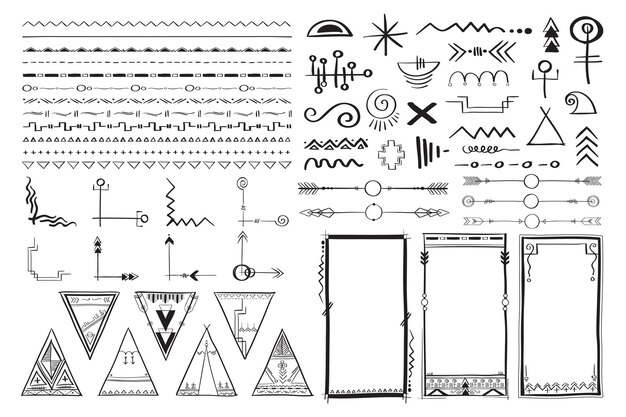 Vector doodle hand drawn ornamental boho style set