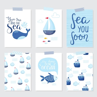 Vector doodle illustration. north sea. scandinavian style. ready cards with marine animals, whale, killer whale, crabs gull fish sea symbols
