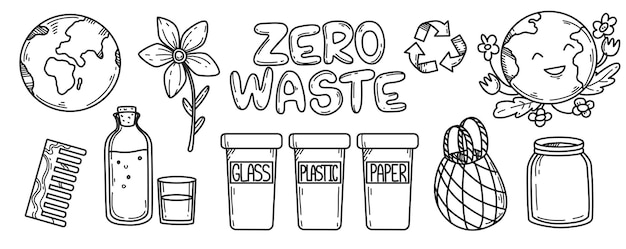 Vector doodle set of zero waste goods hand drawn planet earth and eco objects elements of recycle ec