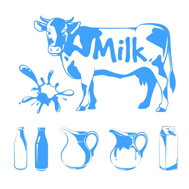 우유 로고, 라벨 및 엠블럼을위한 벡터 요소. 식품 농장, 암소 및 신선한 천연 음료 그림