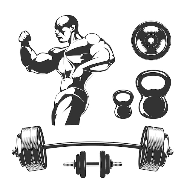 Vector elements for vintage fitness and gym labels. Sport fitness gym, bodybuilding and dumbbell element, barbell for label illustration