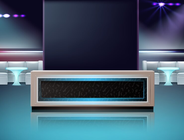 Free Vector vector empty night club interior in blue, turquoise, violet colors with bar counter, chairs and tables