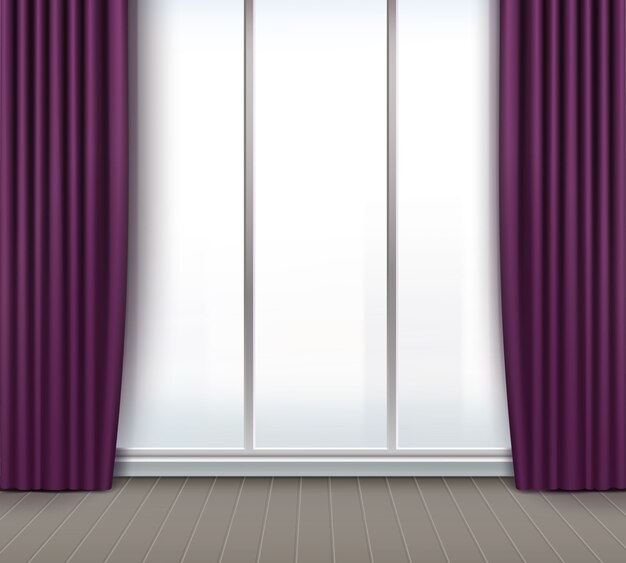 Vector empty room with large window and purple, violet curtains