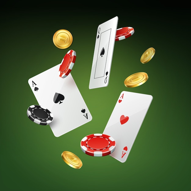 Vector falling playing cards, gold coins and black, red casino chips isolated on green background