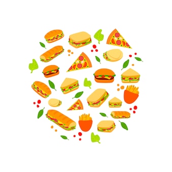 ベクトルファーストフードのイラスト、落書きピザ、ハンバーガー、ジャガイモ、サンドイッチ。