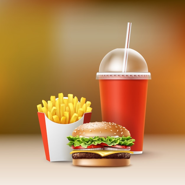Vector fast food set of realistic hamburger classic burger\
potatoes french fries in red package box blank cardboard cup for\
soft drinks with straw isolated on colorful blur background.