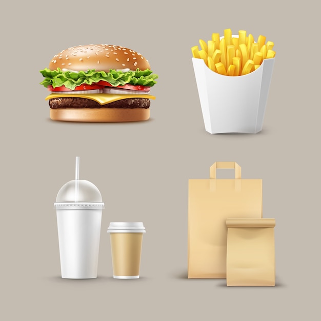 Free vector vector fast food set of realistic hamburger classic burger potatoes french fries in white package box blank cardboard cups for coffee soft drinks with straw and craft paper take away handle lunch bags