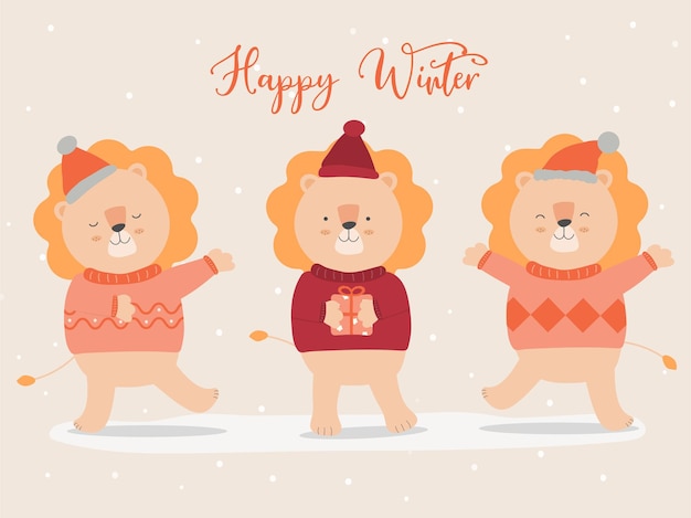 Free vector vector of final winter with lion wearing sweater and christmas hat