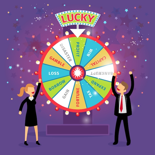 Vector financial wheel of fortune. business concept. chance and risk, gamble and profit, tax and gain, borrow and loss, disaster and capital