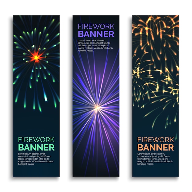 Vector fireworks vertical banners set. Card celebration, explosion and happy carnival illustration