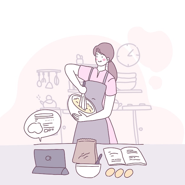 Векторная иллюстрация плоский с девушкой, которая готовит на кухне