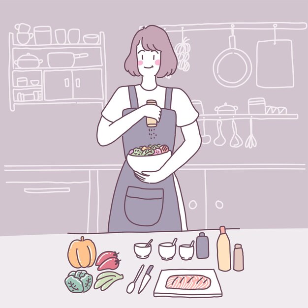 家庭の台所で料理をする人 テーブル 料理の漫画イラストの食品セットを調理することを学ぶ子供たち 男性 女性 子供たちが夕食のために炊飯器で自家製の食事を準備しています プレミアムベクター