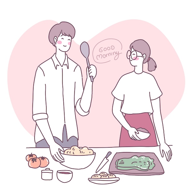 Векторная иллюстрация плоский с девушкой, которая готовит на кухне