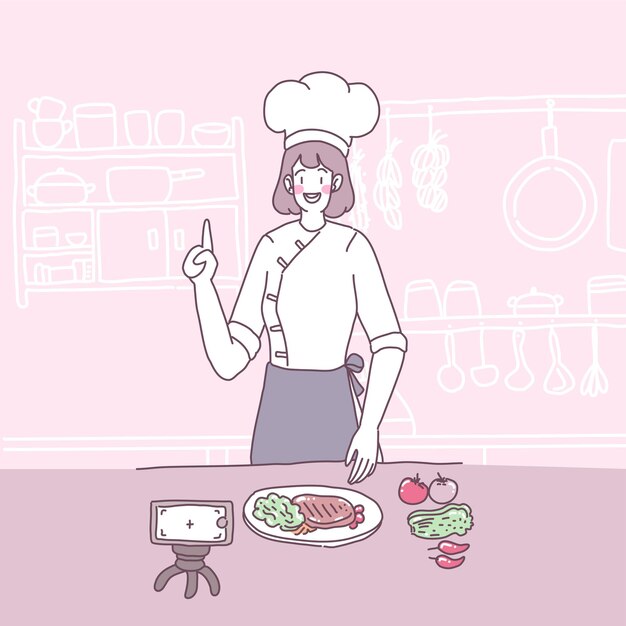 キッチンで料理をする女の子とベクトルフラットイラスト