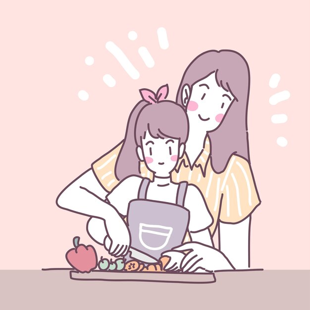 キッチンで料理をする女の子とベクトルフラットイラスト