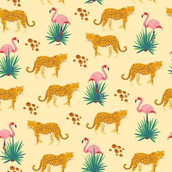 Vector flat tropical seamless pattern with hand drawn jungle plants, leopard animals, flamingo birds isolated. good for packaging paper, cards, wallpapers, gift tags, nursery decor etc.