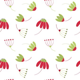 흰색 배경 완벽 한 패턴에 녹색과 빨간색 벡터 꽃과 열매