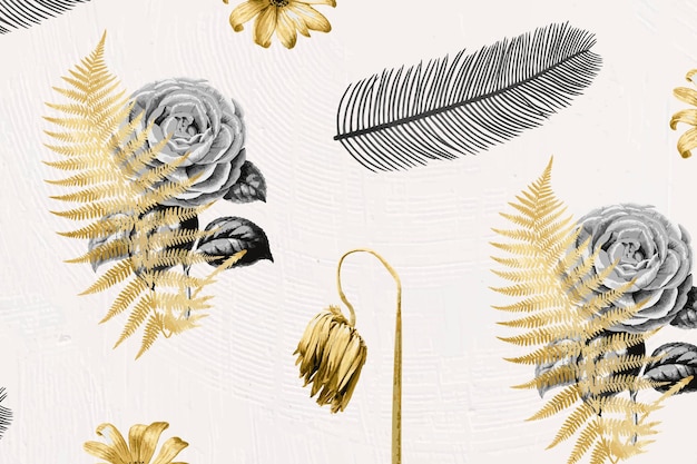 ベクトルの花と葉のメタリックゴールド手描きの植物パターン
