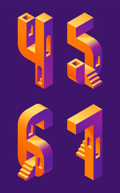 계단과 창문이 있는 3d 아이소메트릭 모양으로 만든 벡터 글꼴 세트